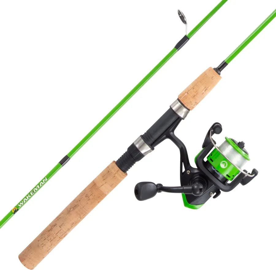 Fishing rod and reel combo for freshwater angling, graphite construction, green color, lightweight and sensitive design