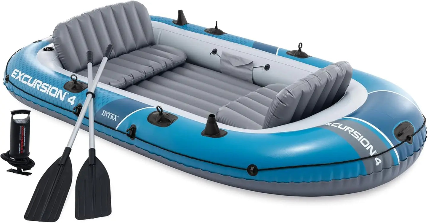 4 Person Inflatable Boat Set with Deluxe 54in Aluminum Oars and High-Output Pump, Adjustable Seats with Backrest, Fishing Rod Holders, 1100lb Capacity