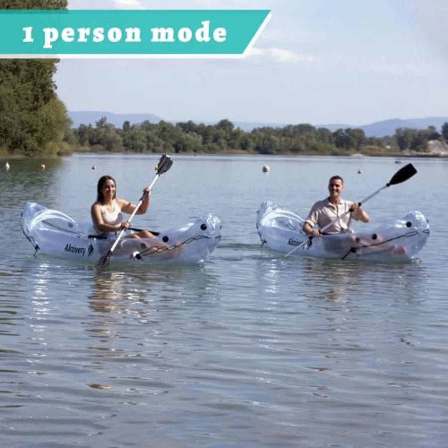 Clear Kayak for Two Adults - Transparent Inflatable Tandem with Adjustable Seats, Pump, Paddles, Carry Bag Tracking Fin - See-T