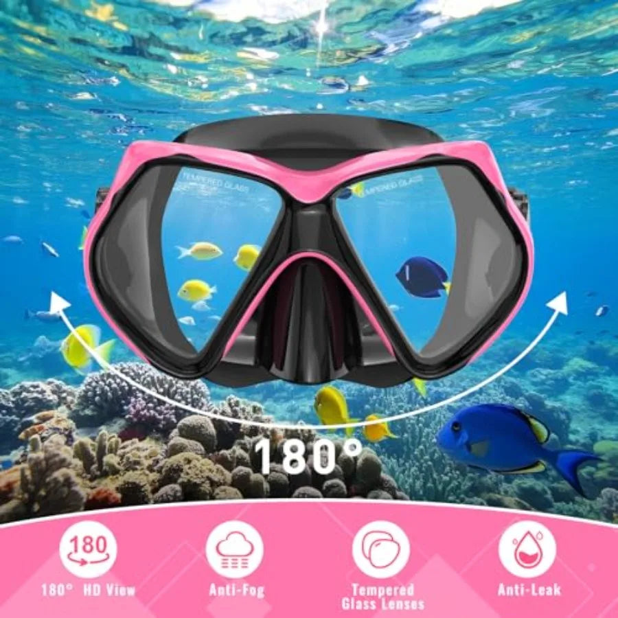 Snorkeling Gear for Adults, Snorkel Set Scuba Diving mask Dry-Top, Adult Swimming Goggles w/Nose Cover, HD Tempered Glass Panor