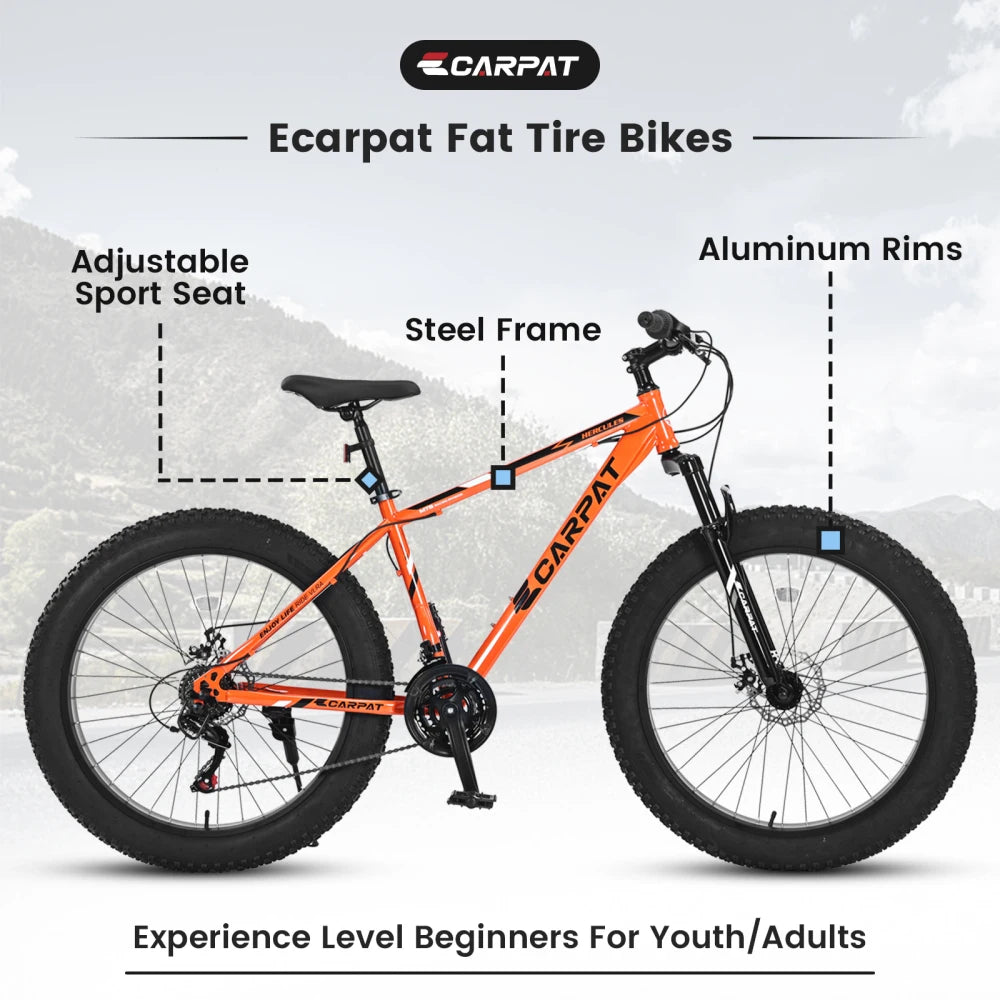 26 Inch Adult Fat Tire Mountain Bike, 21 Speed Gears, High Carbon Steel Frame, Front Suspension, Front Rear Dual Disc Brakes, All Terrain Bicycle for Mountain & City Commute