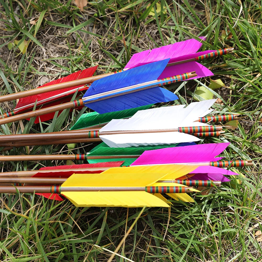 Turkey Feather Bamboo Arrows 6/12pcs 33.4" OD 8mm Slotted Nock Precision Balanced Shaft for Traditional Compound Recurve Bow Hunting Shooting Practice Archery Accessories