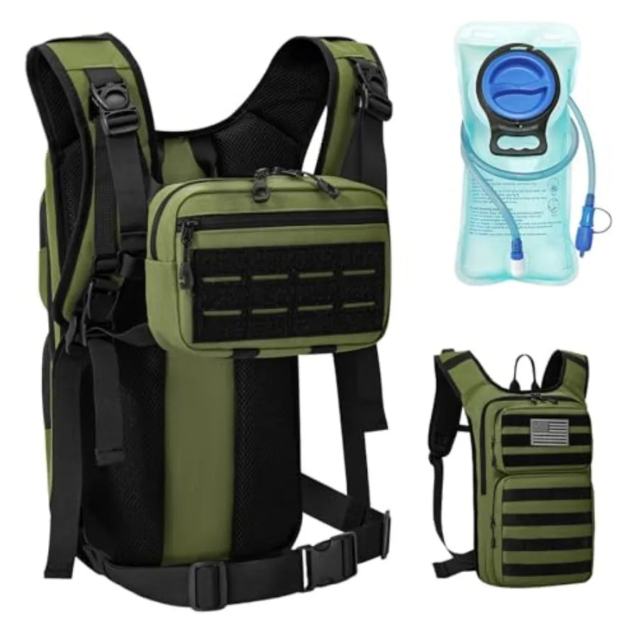 Tactical Hydration Backpack with 2L Water Bladder and Front Small Tactical Pouch, Outdoor Water Backpack for Men Women, Sports
