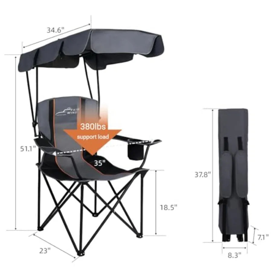 Portable Canopy Camping Chair 380 LBS Capacity Heavy Duty Oversized Folding Lawn Chair with Sunshade for Beach, Fishing, Sports