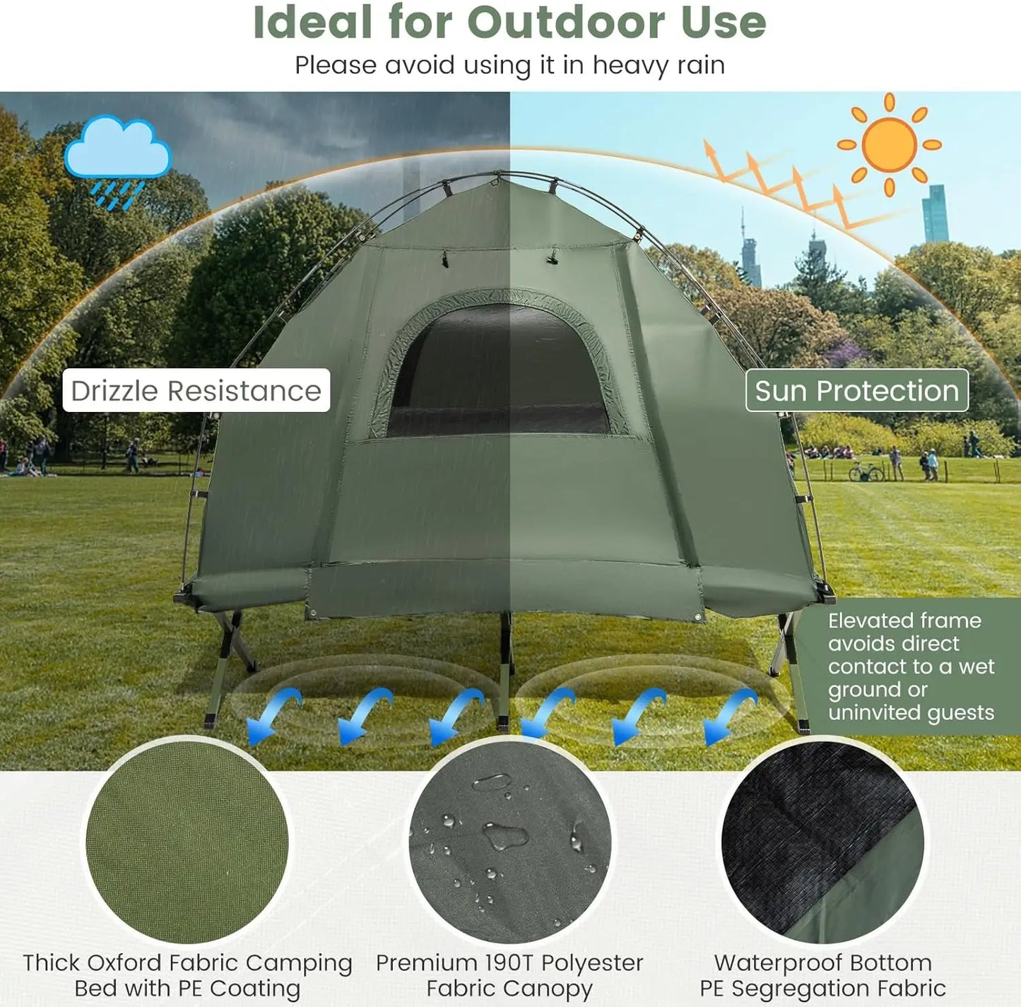 Camping Tent Cot, 5 in 1 Off Ground Elevated Tent with Air Mattress, Sleeping Bag & Pillow