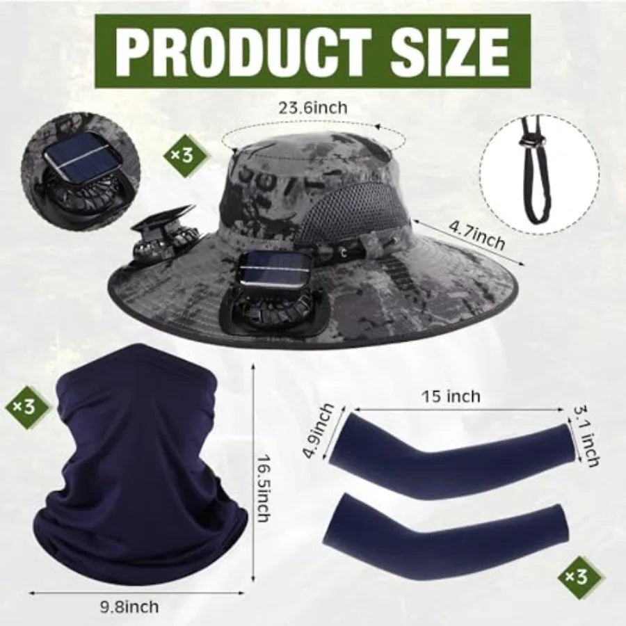 Outdoor fishing hat with wide brim, polyester fabric, black color, solar-powered USB fans and included arm sleeves neck gaiter