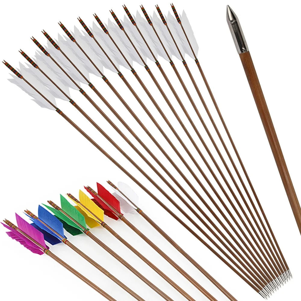 Bamboo Arrows 12pcs 33.4" OD 8mm with 4" Turkey Feather Slotted Nock 6 Color Archery Arrows for Traditional Longbow Compound Recurve Bow Hunting Shooting Target Practice Accessories