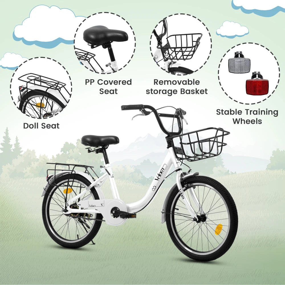 20 Inch Children’s Bike for Boys and Girls, Single Speed V-Brake Bicycle with Chain Guard & Rear Cargo Rack, Lightweight Steel Frame in 4 Colors Pink Green Purple White