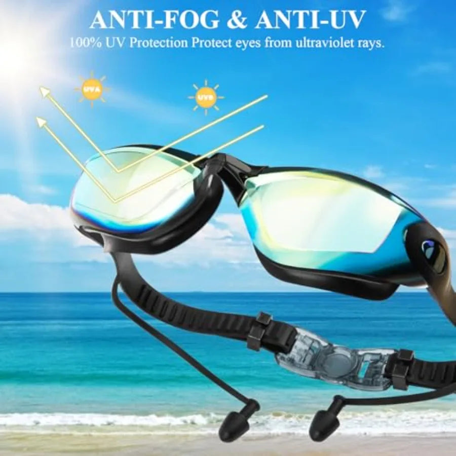Swim Goggles, Swimming Goggles No Leaking Anti Fog UV Full Protection with Nose Clip Earplugs, Swim Pool Goggles for Adult Men