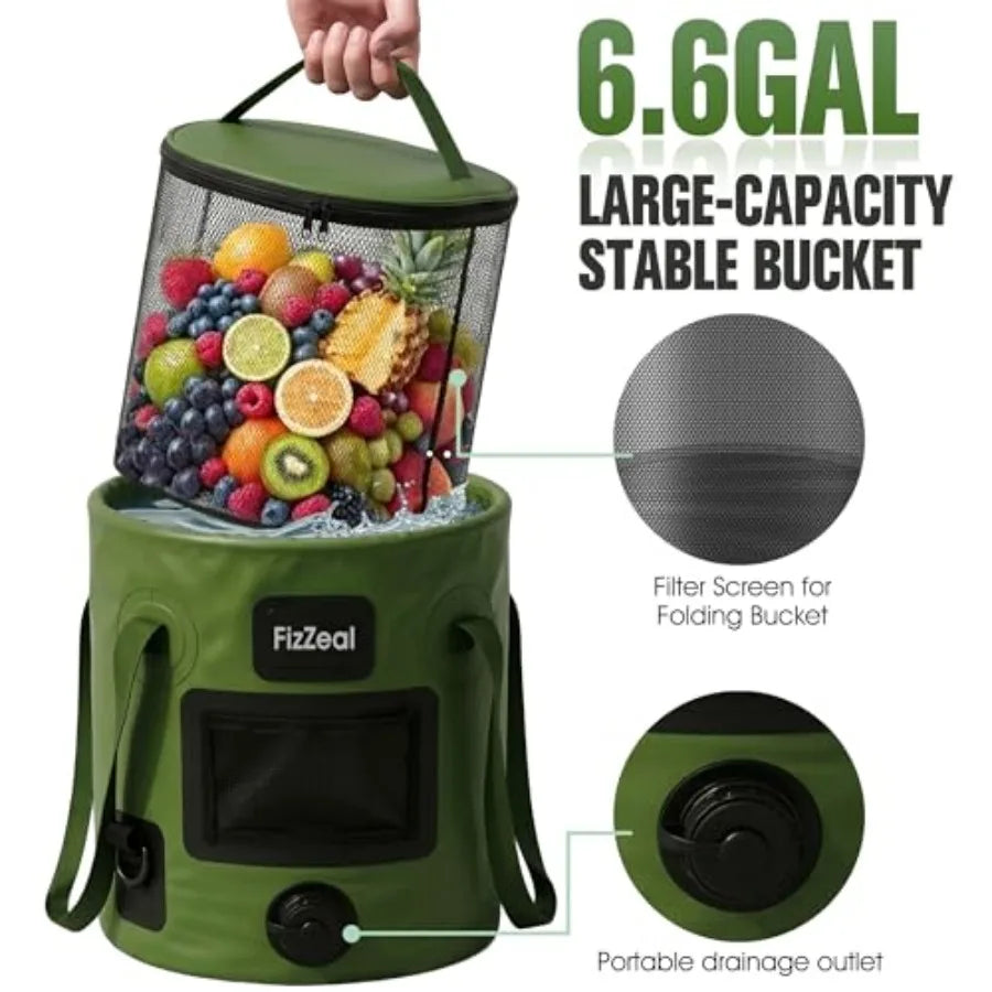 Portable Shower for Camping, 8000mAh Rechargeable Portable Camping Shower Pump with 6.6 Gallons Foldable Bucket, 5 Speed and LE