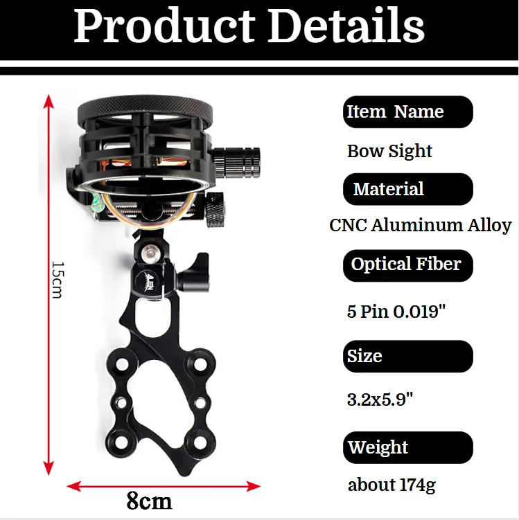 Archery Compound Bow Sight 5 Pin 0.019" Optical Fiber CNC Machined Aluminum Alloy Micro-Adjustable Left/Right Hand for Hunting Shooting Target Practice Accessories