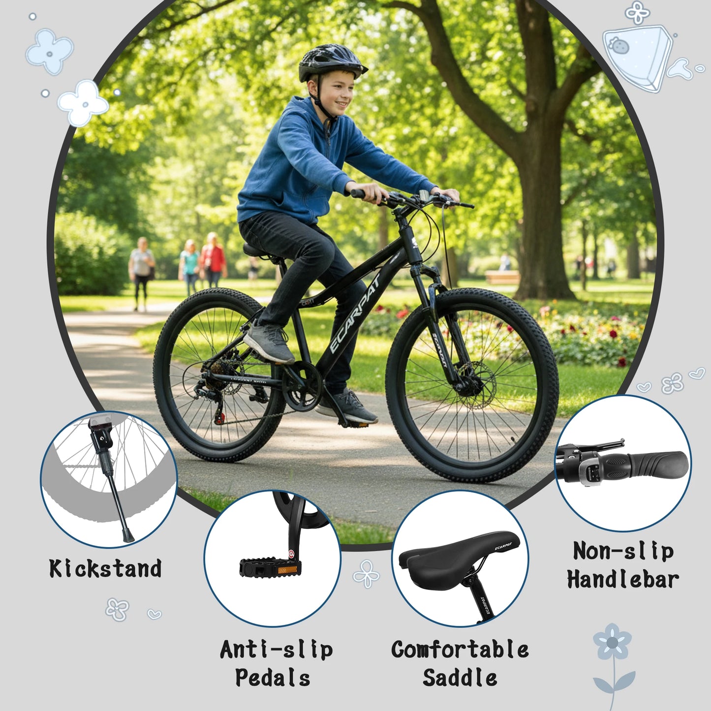24 Inch Kids' Mountain Bike, 7 Speed Mountain Bicycle with Front Suspension, Front Disc Brake and Rear V-Brake, Carbon Steel Frame Outdoor Cycling City Bike for Teenager Boys Girls Gifts