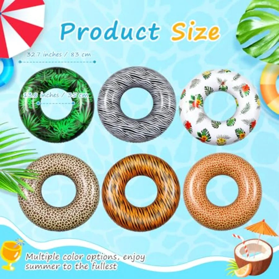 12 Pcs Large Inflatable Pool Float Tubes for Adults 32 Inches Tropical Leaves and Animal Patterns Swimming Rings Tube Floaties