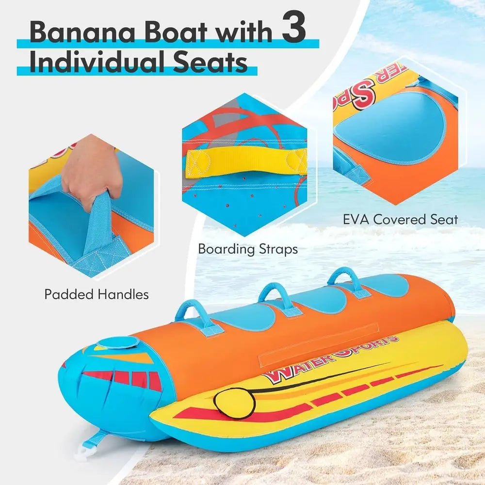 Towable Tubes for 1-3 Riders, Inflatable Hot Dog or Banana Boat with Cushioned Seats for Water Sports
