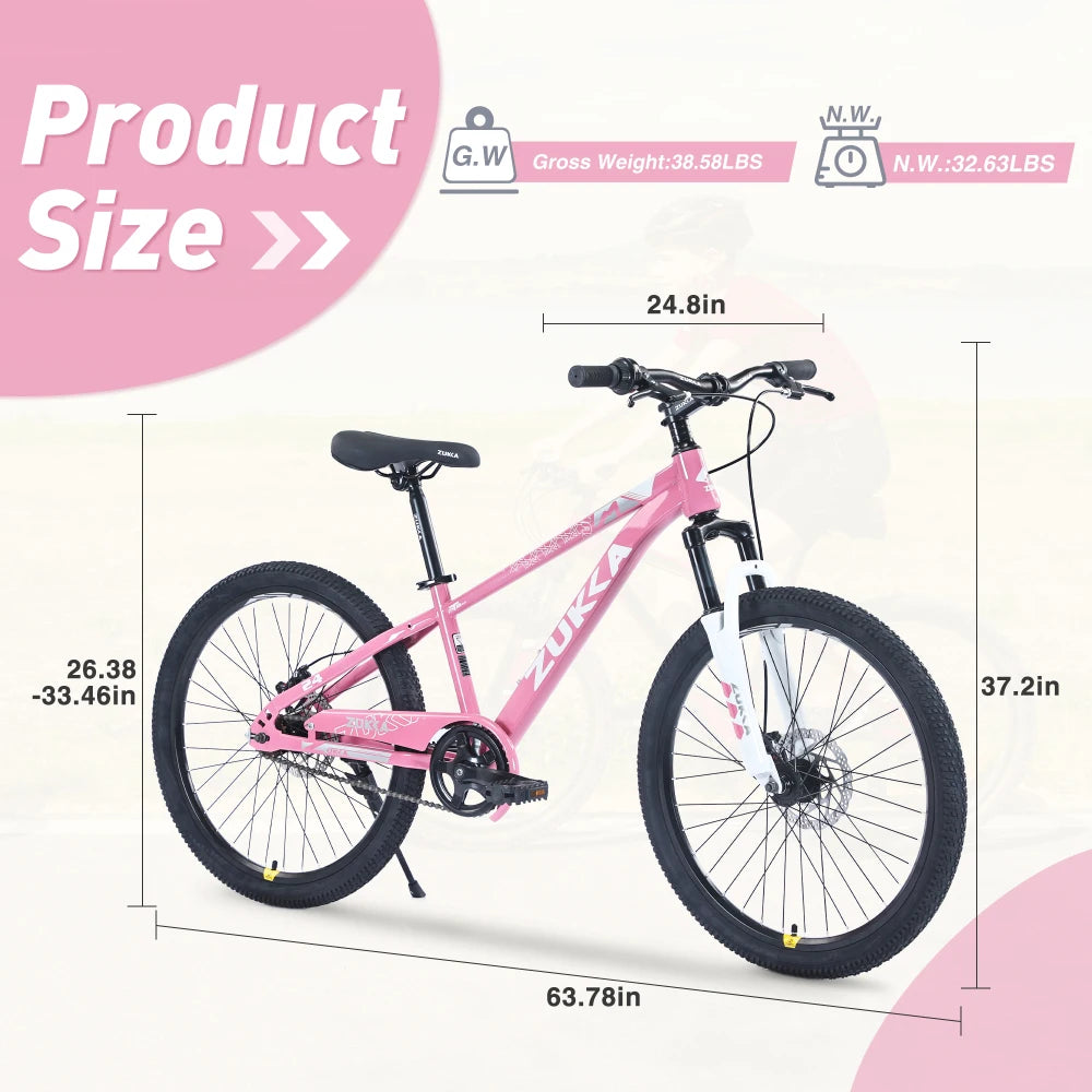 24 Inch Kids MTB Mountain Bike for Boys Girls Ages 9-12, Fit Height 56-66 Inches, Steel Frame Dual Disc Brake, Adjustable Seat Handlebar, Suspension Fork