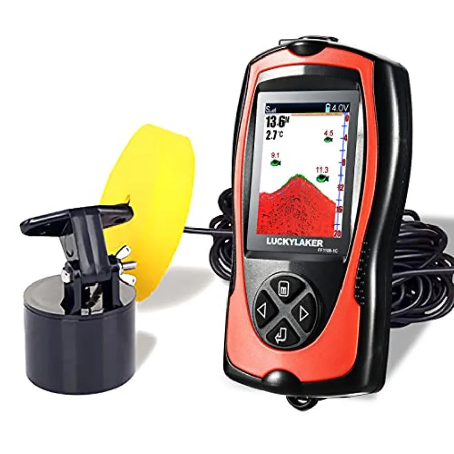 Kayak fishing portable display fish finder with handheld transducer, white ABS plastic housing, 5-inch LCD screen, depth sensin