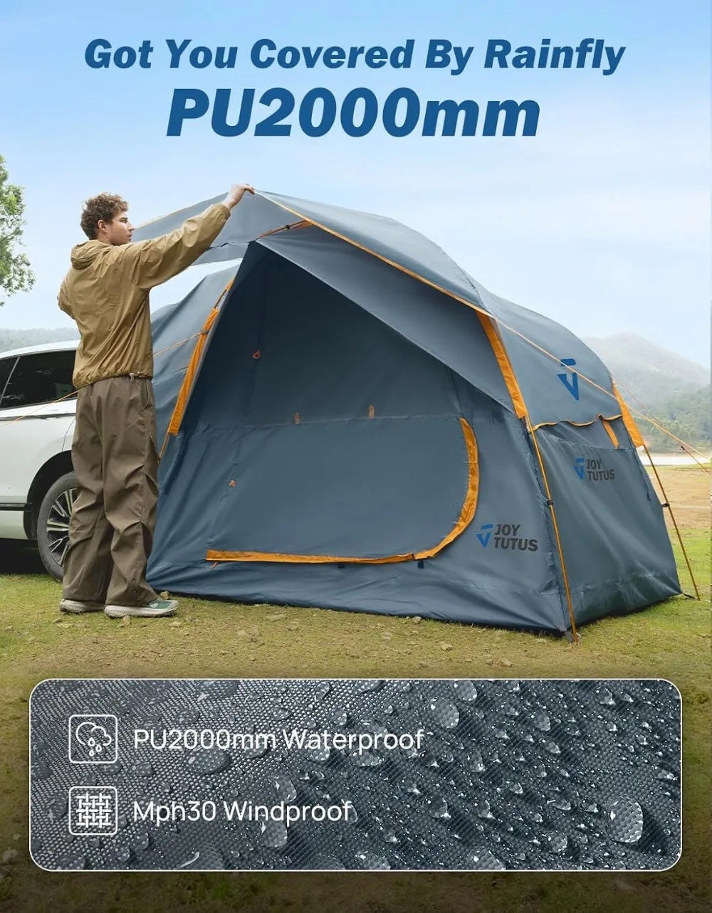 SUV Tent for Camping with Rainfly, Double Door Design, Aluminum Poles, Waterproof PU2000mm, Orange, 4-8 Person