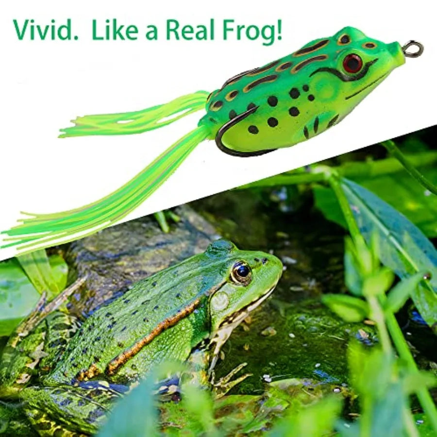5PCS Topwater Frog Lures Set with Box, Realistic Soft Hollow Body Fishing Lures for Bass Snakehead Pike Bowfin, Weedless Freshw