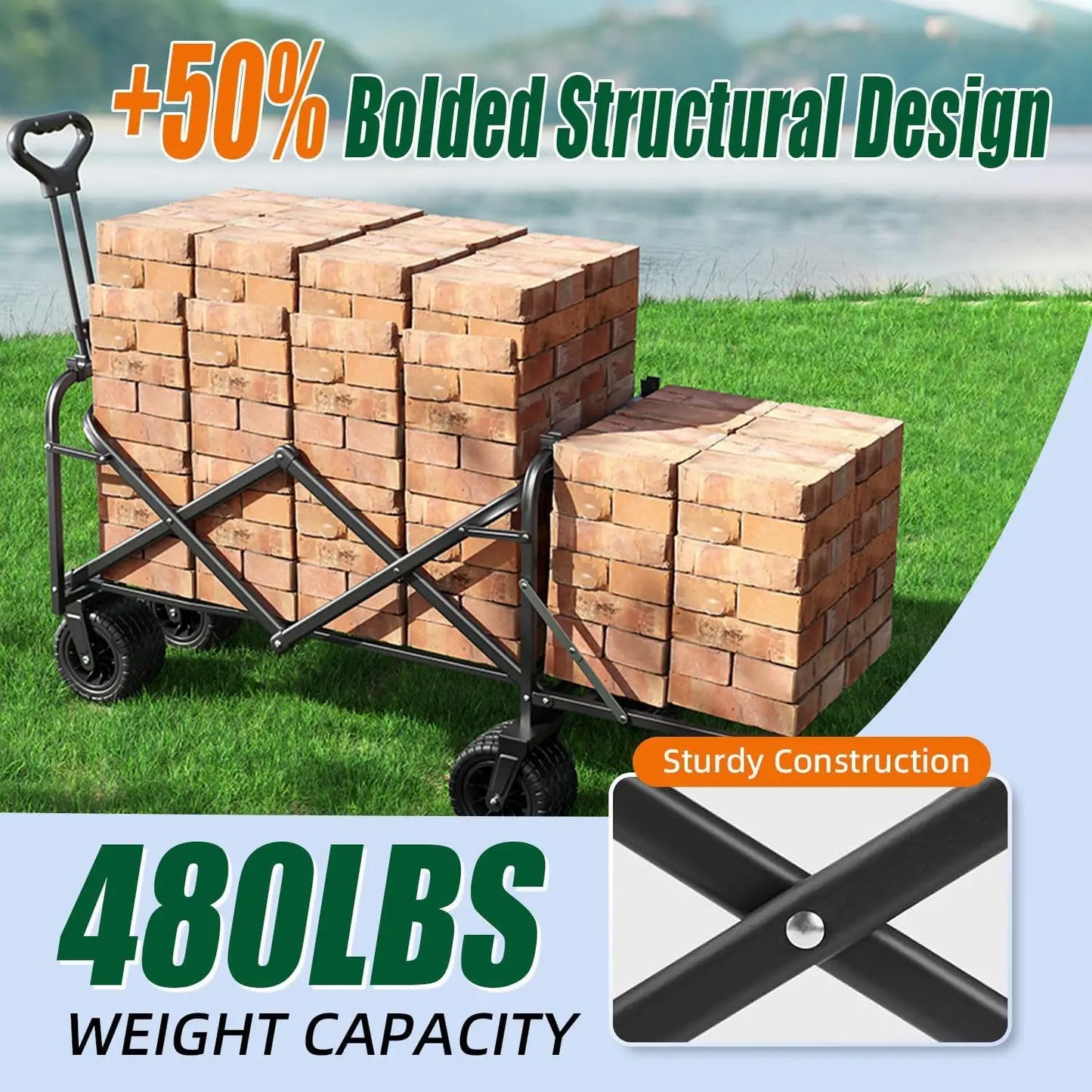 Heavy Duty Collapsible Wagon, 240L 480lbs, Foldable Beach Cart with Brake Wheels, Garden & Grocery Utility Cart