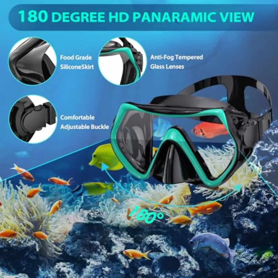 Snorkeling Gear for Adults, Mask Fin Snorkel Set, Dry Top Snorkel, Snorkeling Kit Travel Diving Package, Panoramic View Anti-Fo
