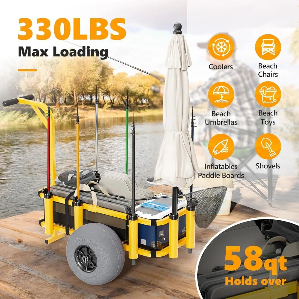 Foldable Beach Fishing Cart with Big Balloon Wheels Sand Wagon 300 lbs Load 8 Rod Holders Mesh Bag Pump