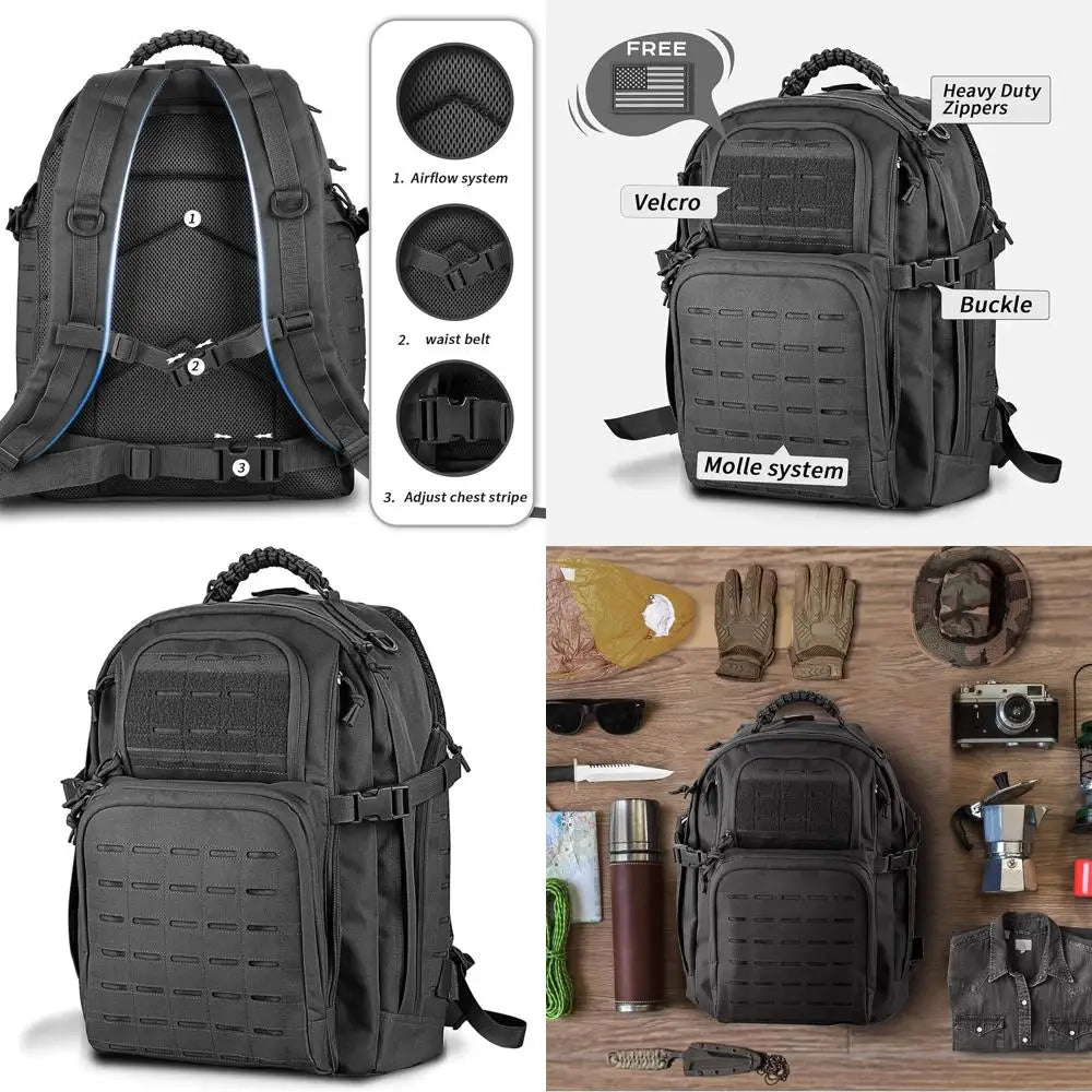 45L Black 3-Day Military-Grade Tactical Backpack with MOLLE System for Camping and Outdoor Adventures