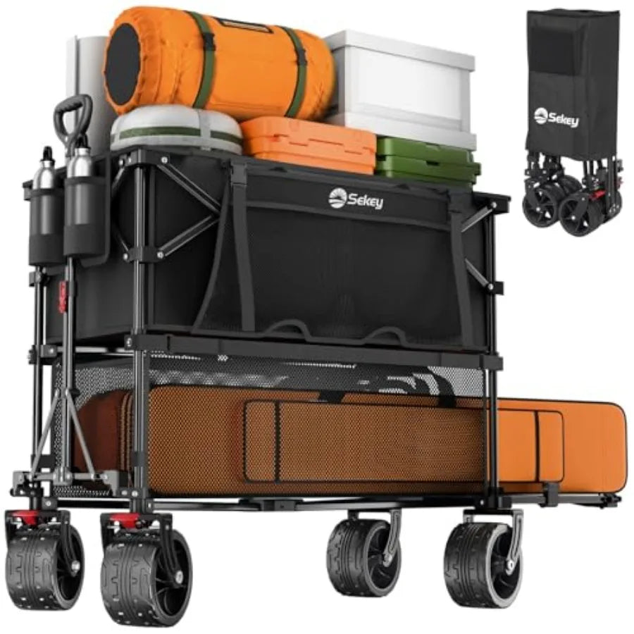 Heavy Duty Double Decker Wagon for Camping Sports, Steel Frame, Black, 500LBS Capacity, 400L Collapsible Garden Cart with Exten