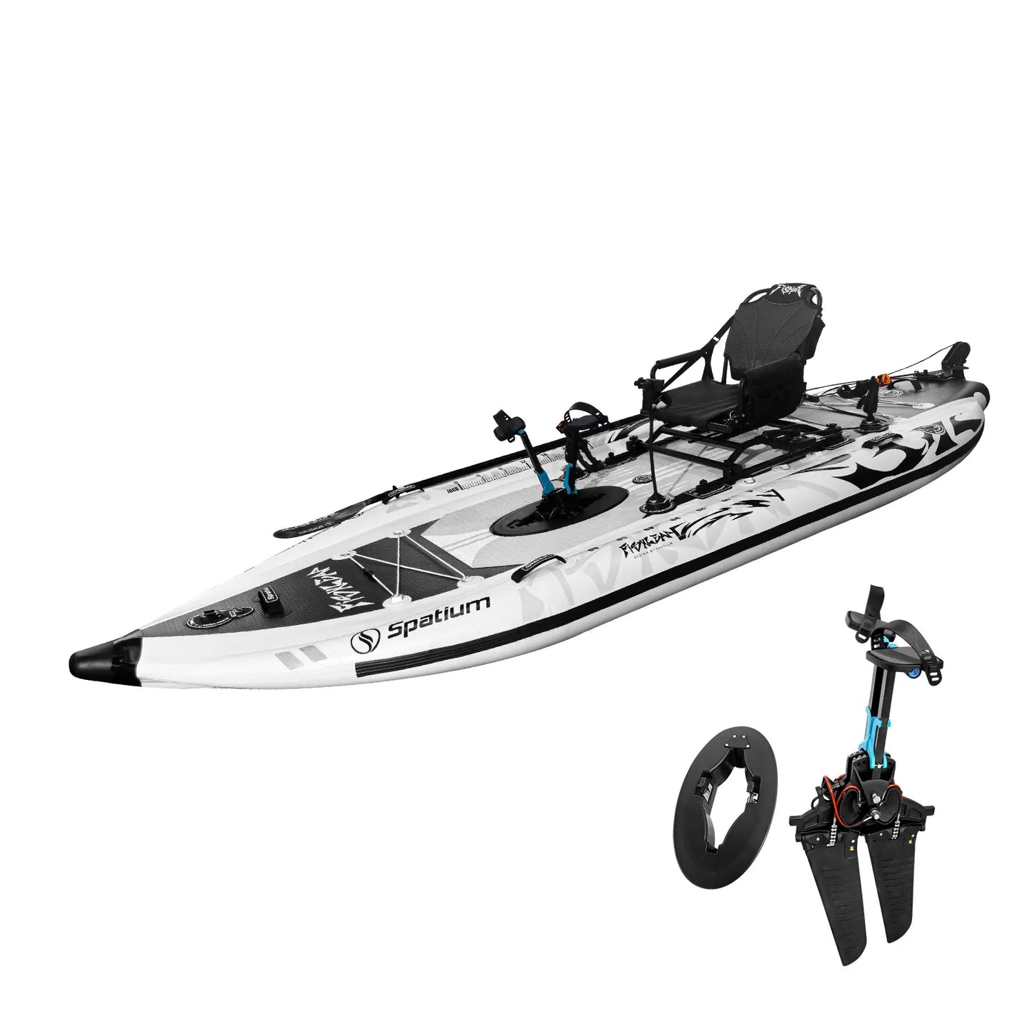 Spatium 11.5ft Flipper Pedal Drive Fishing Inflatable Kayak with Motor, Fishing Board Hull for Shallow-Water Navigation,360°Rotatable & Adjustable Seat