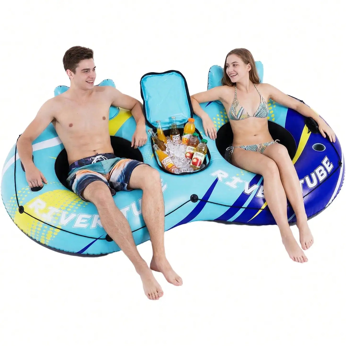 2-Person Inflatable River Tube Float With Built-In Storage Bag For Ice, Double Pool Lounge Chair With Backrest & Cup Holders, Breathable Water Floating Raft For Pool Lake Beach Summer Water Party, 2 Pattern Options., Pool Inf