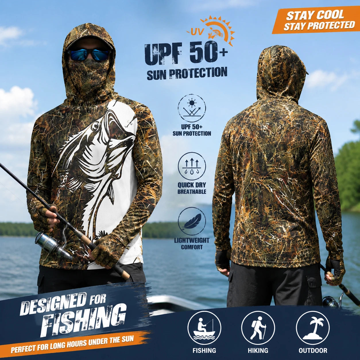 UPF 50+ Long Sleeve Hooded Face Cover Fishing Shirts Quick Dry Sweatshirts Breathable UV Protection Men Fishing Jerseys