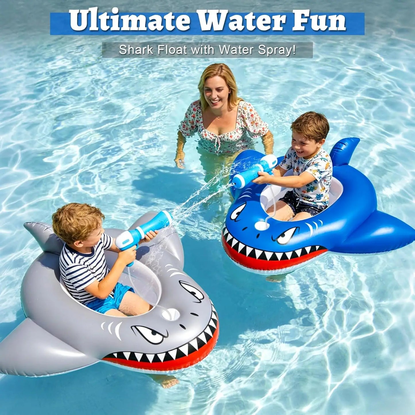 Altrek Store 2 Pack Inflatable Shark Pool Floats Kids 3-11 Years, Kids Floaties Swimming Pool Toys with 2 Water Squirt Guns Boys Girls Party Float Ride-on Toddler Floatie with Safety Seat Summer Outdoor Water Game