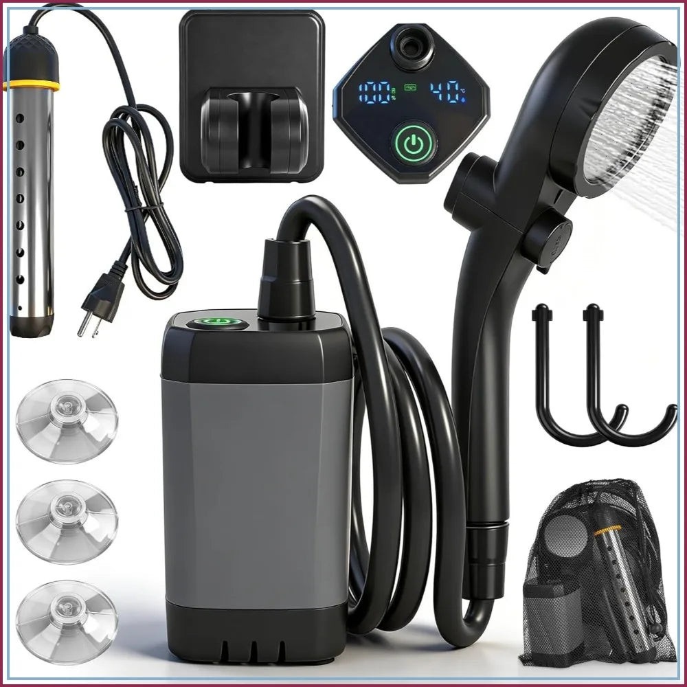 Portable Camping Shower with Immersion Heater, 6000mAh Rechargeable Pump, LED Display for Outdoor Hiking, Travel, Car Wash, Pet Bath