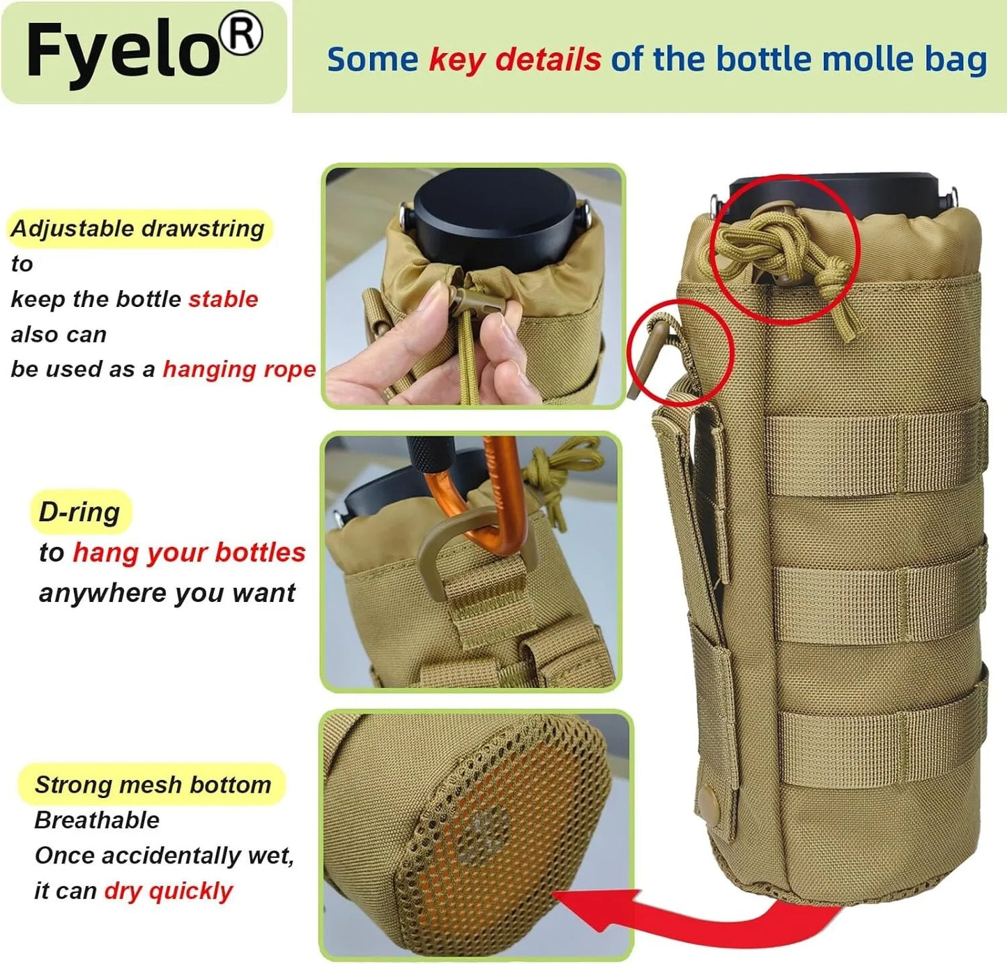 Tactical MOLLE Bottle Pouch Bag Travel Sprots Molle Water Bottle Holder with Drawstring Open Top and Mesh Bottom