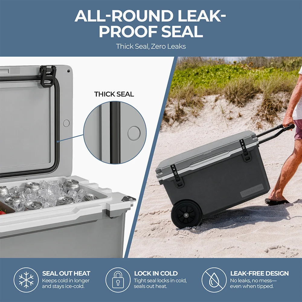ChillyCode Khaki Grey Ultra Light Hard Cooler, 48QT Refrigerator 7-Day Cooling Leak Proof and Heavy-duty With All Terrain Wheels Suitable For Camping Beach Fishing Boat and Outdoor