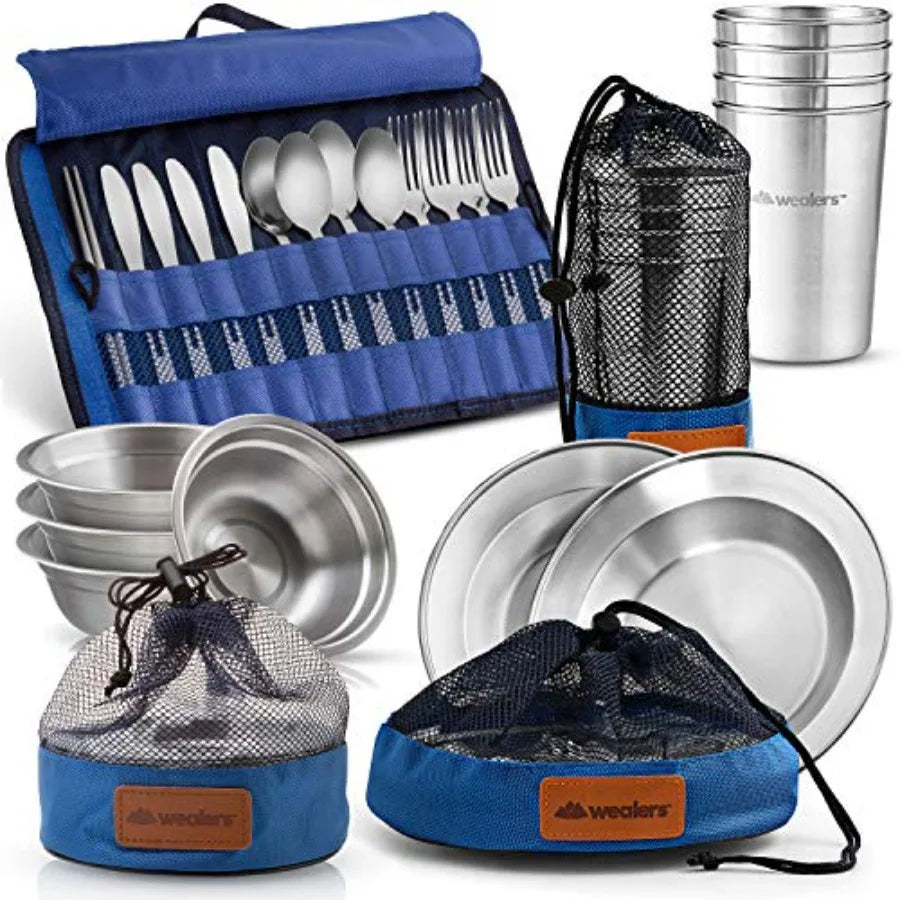 Unique Complete Messware Kit Polished Stainless Steel Dishes Set Tableware Dinnerware Camping Buffet Includes - Cups Plates Bow