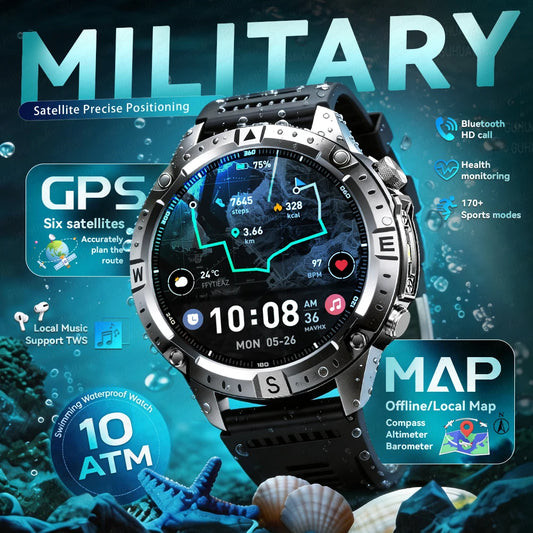 2026New Military Tank GPS SmartWatch Offline Map 10ATM Swim 2GB RAM Music Altitude Compass Bt Call Fitness Sports Smartwatch Men