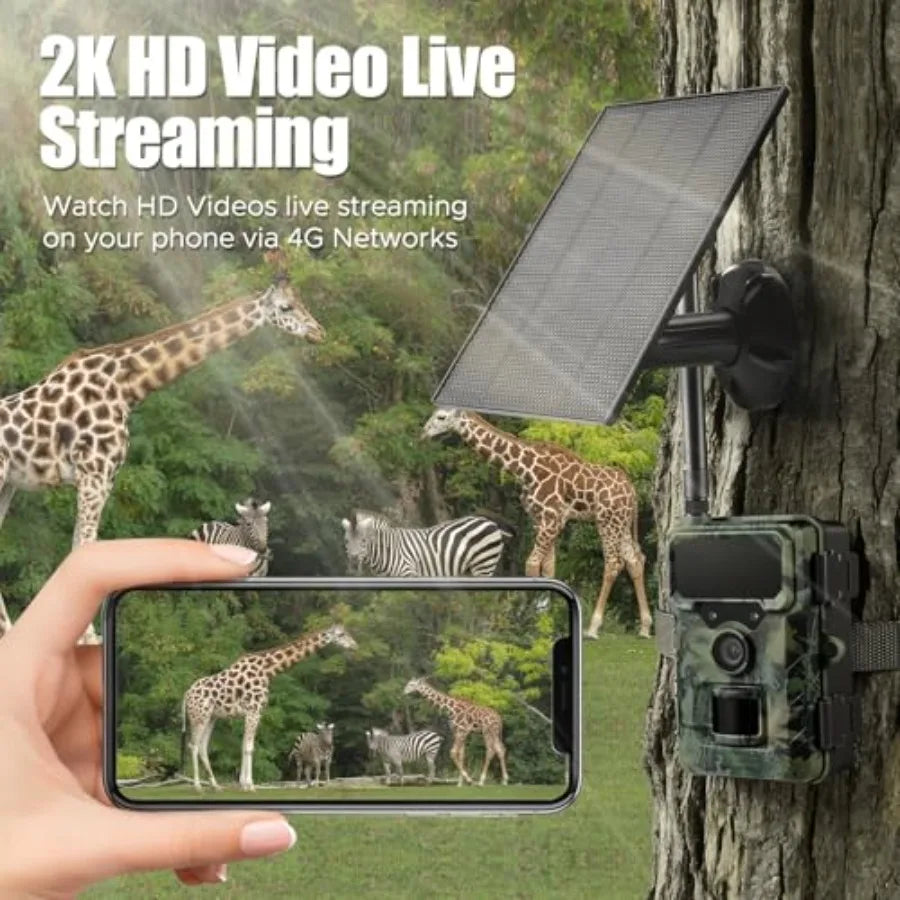 Cellular Trail Camera Solar, 4G LTE Game Cameras 64MP 2K HD Live Streaming, Night Vision Outdoor Camera, Rechargeable Wildlife
