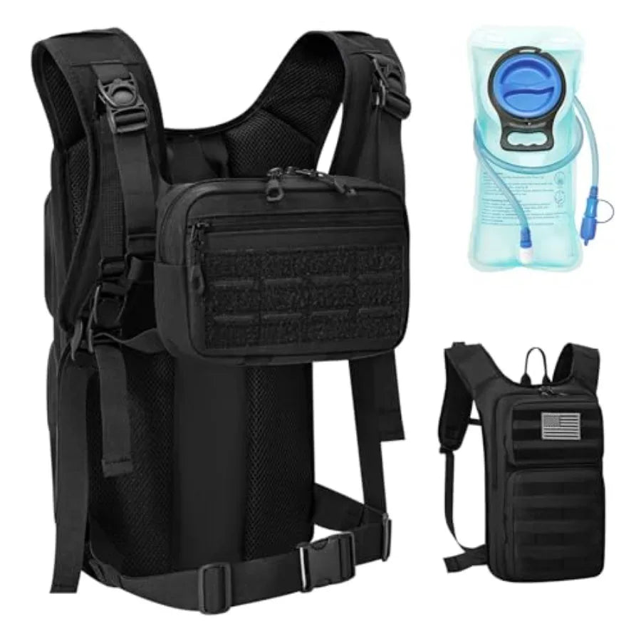 Tactical Hydration Backpack with 2L Water Bladder and Front Small Tactical Pouch, Outdoor Water Backpack for Men Women, Sports