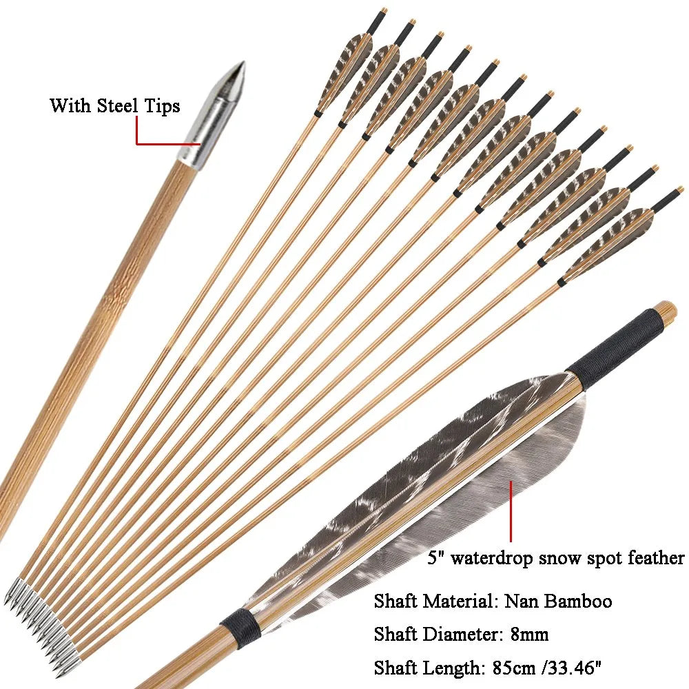12 X Bamboo Archery Arrows 5" Feather Longbow Recurve Bow Hunting Shooting Shaft Diameter 8mm 5" waterdrop snow spot feather