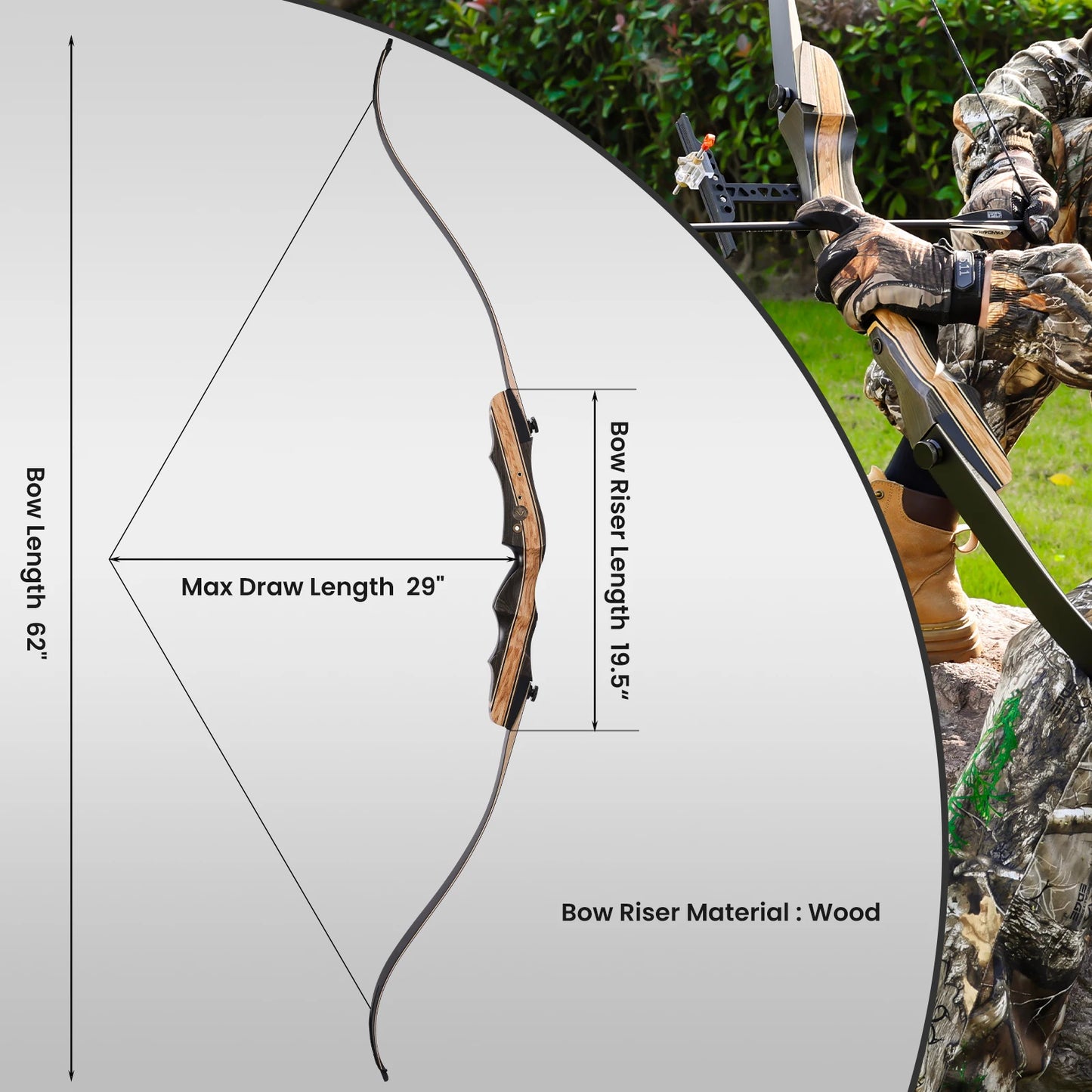 Archery Takedown Recurve Bow 62 inch for Adults, Beginners, Teens & Youth, 20-50lbs Draw Weight ,Wooden Archery Set for Outdoor