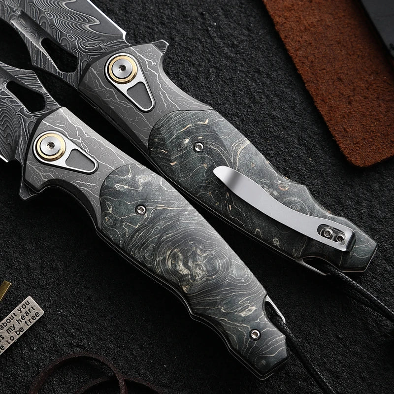 Faca dobrável para homem de alta qualidade, canivete de aço de Damasco, EDC Camping Hunting, Faca de aventura de alpinismo