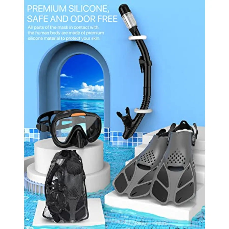 Snorkeling Gear for Adults Men Women, 4 in 1 Snorkel Set with Panoramic View Diving Mask Anti-Fog Anti-Leak, Dry Top Snorkel, F