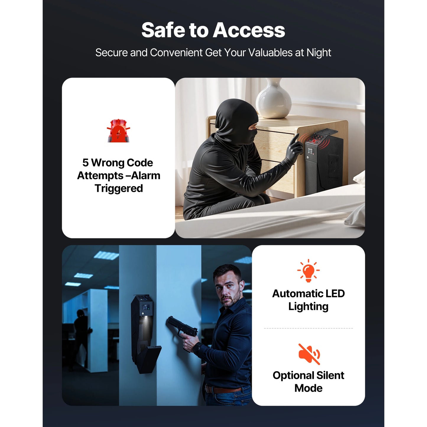 SucceBuy Gun Safe Slider Handgun Safe Fingerprint/Password/Key 3-Way Quick Access Case Box with LED for Nightstand Bedside Desk
