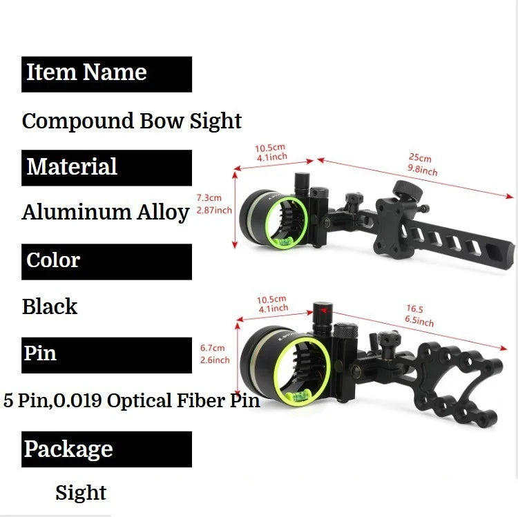Compound Bow Sight 5Pin 0.019" Fiber Optic Adjustable Alloy Right Hand for Hunting Target Shooting Outdoor Accessories