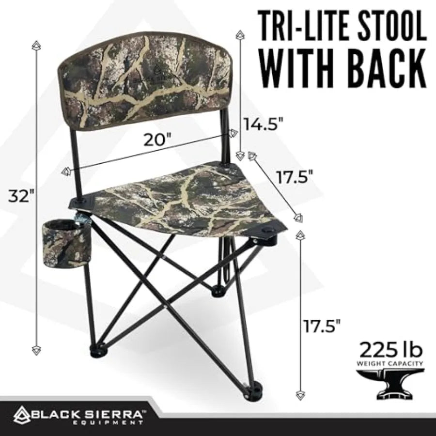 Black Sierra Tri-Lite Folding Stool with Backrest and Cup Holder, Lightweight Portable Hunting Fishing Chair with Carry Strap,