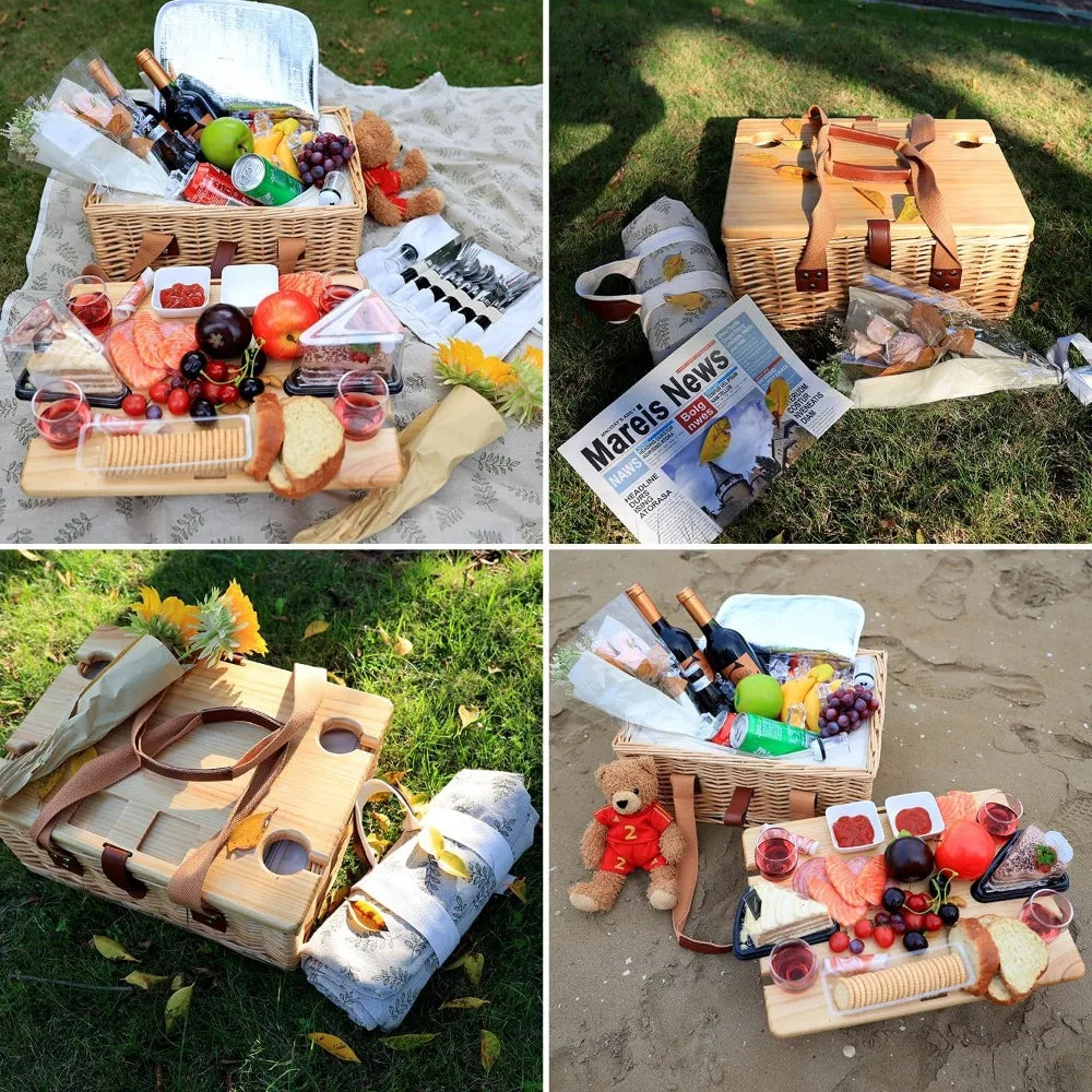 Wicker Picnic Basket Set for Four with Folding Wine Table Insulated Cooler and Cutlery Kit