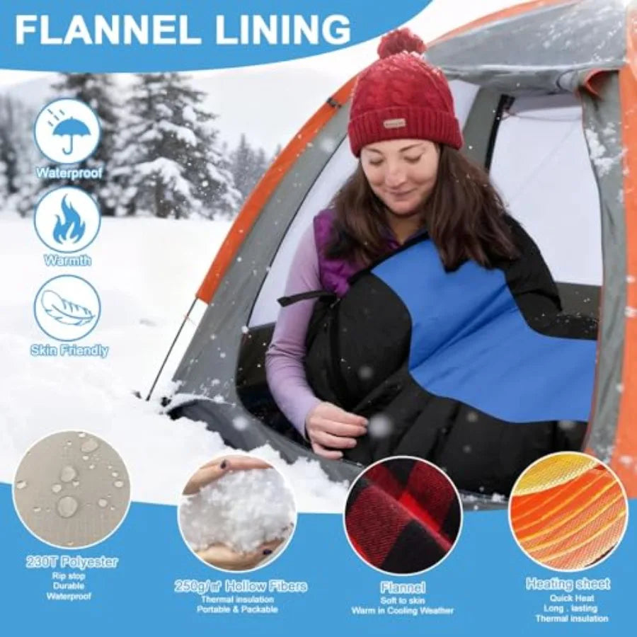 Heated - Portable USB Power Warm Sleeping Bag for Camping with 4 Heating Zones Cold Weather Sleeping Bag for All Season Camping