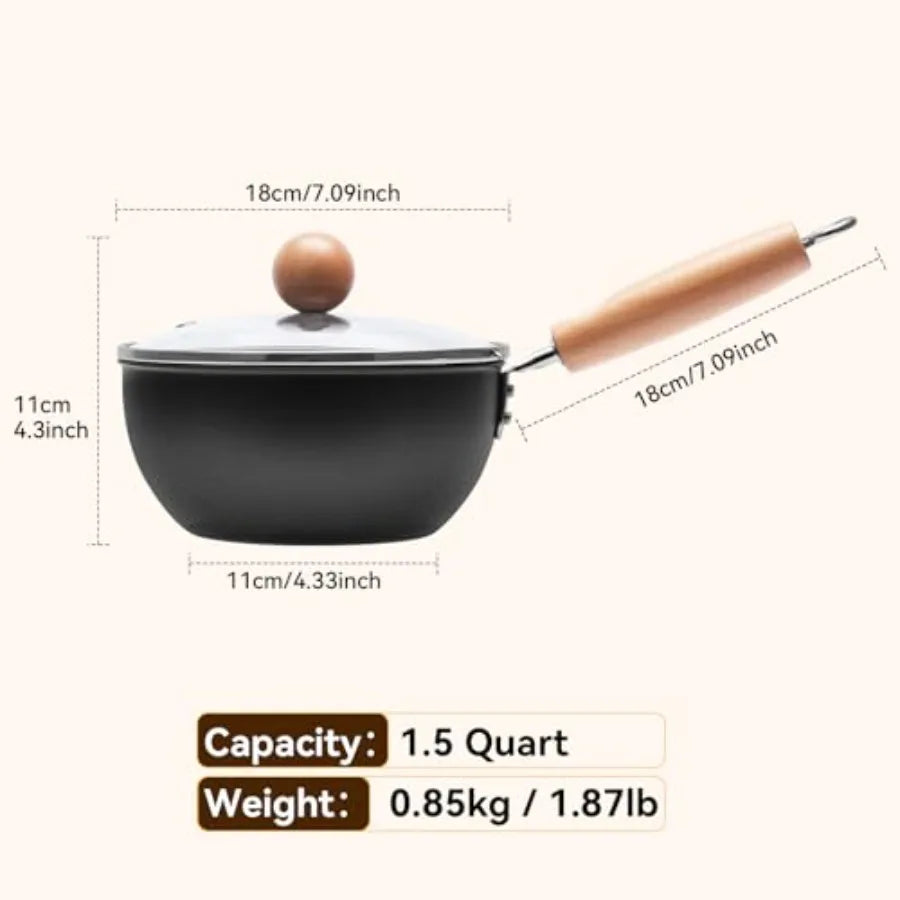 1.5QT iron saucepan with lid for ramen boiling, hammered milk pot in matte black, removable wood handle for camping storage, in