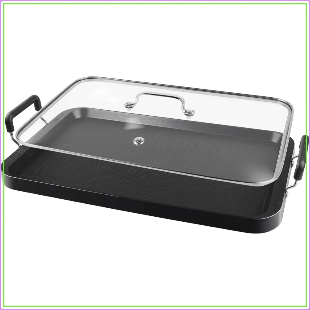 2 Burner Griddle Pan with Glass Lid, Non-Stick Aluminum, for Gas & Electric Stoves, Camping & Home