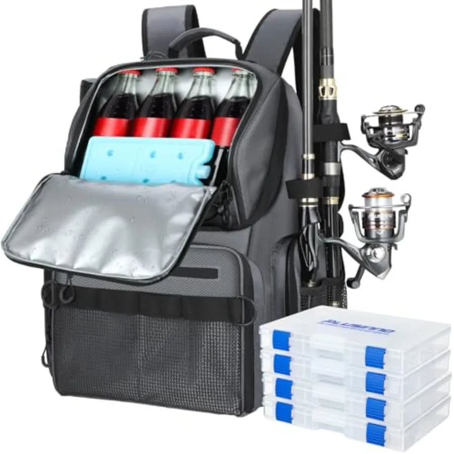 Cooler Fishing Backpack with Rod Holders 45L Large Water-resistant Fishing Tackle bag Store Fishing Gear Fishing Gifts for Men